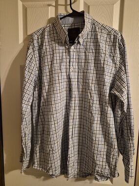 Men's White Button-Down Shirt with Navy Check